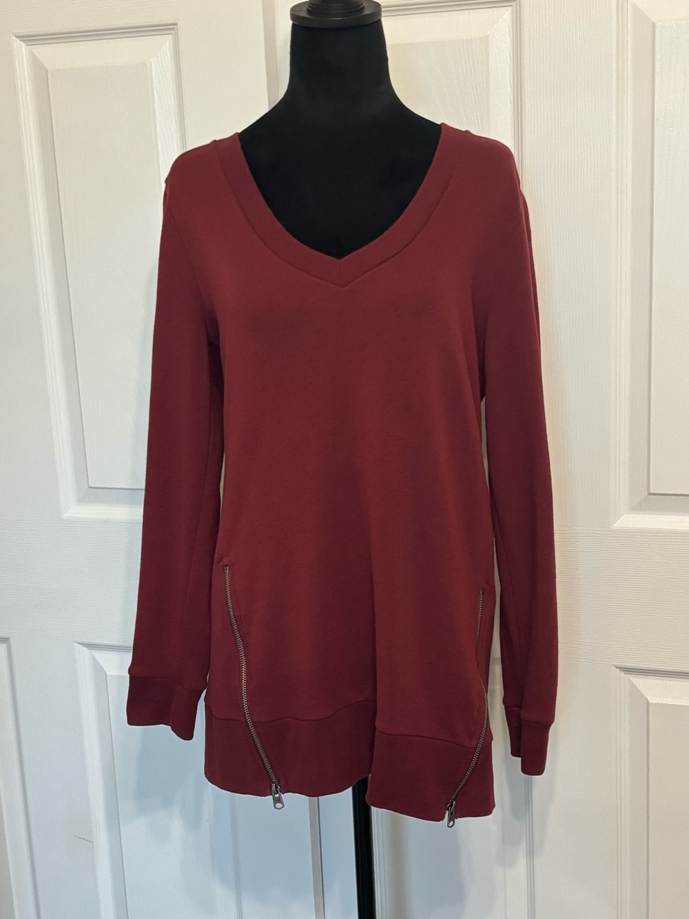 Abercrombie & Fitch V-Neck Tunic Sweatshirt Burgundy Zipper Accents Women’s S